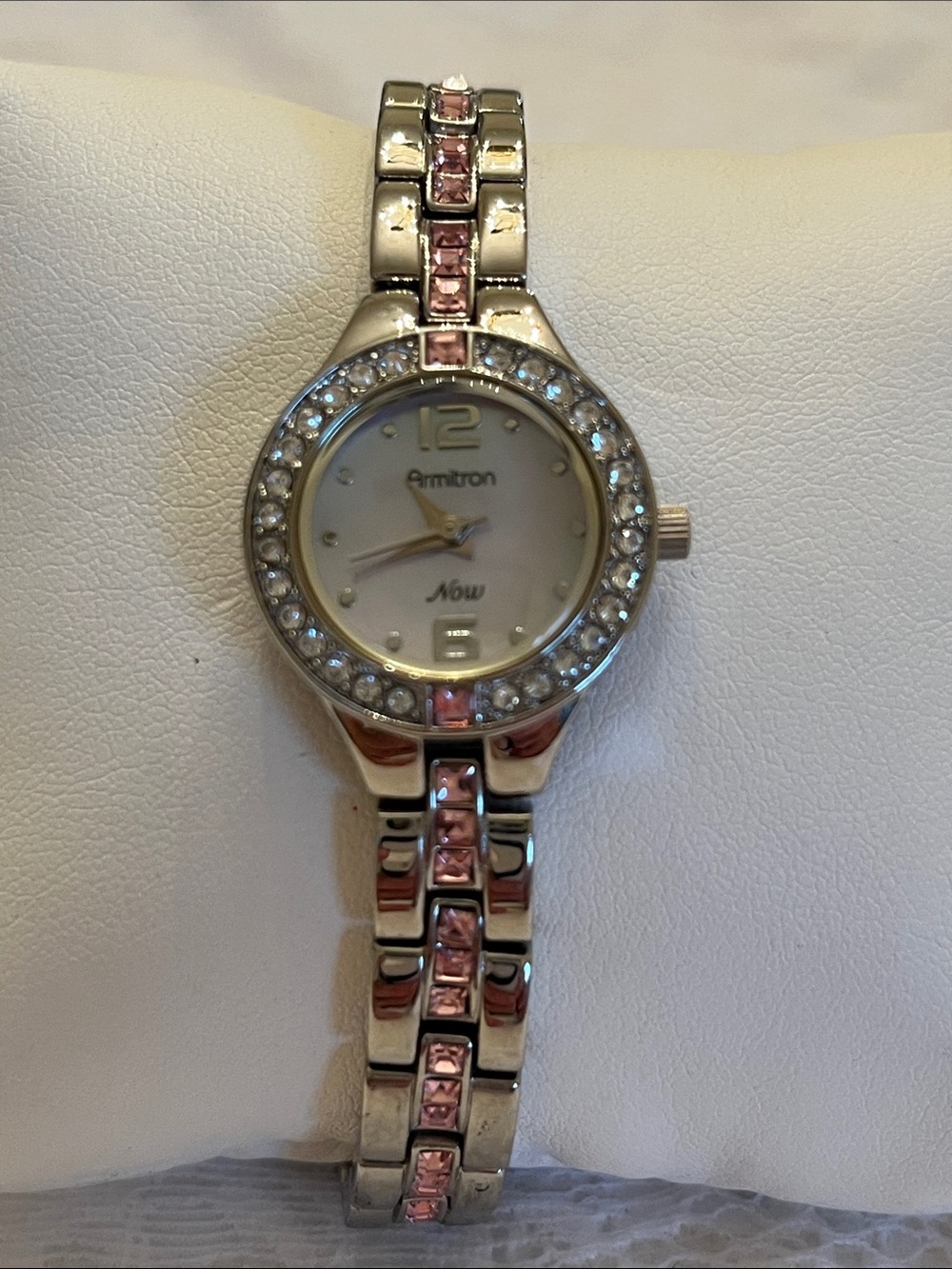 Armitron Silver Watch with Pink Crystal Links and Clear Stone Bezel